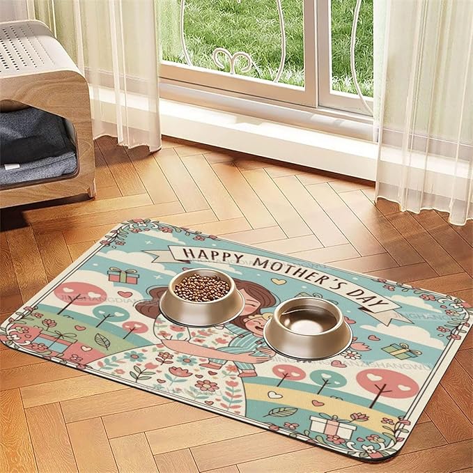 Absorbent Dog Water Cat Mat for Food Water Bowl Quick Dry Happy Mother's Day Floral Gift for Mom Blessing Ea Pet Feeding Mats No Stains Dog Food Mat Pet Accessories Supplies Cat Bowl Mats 24x16In