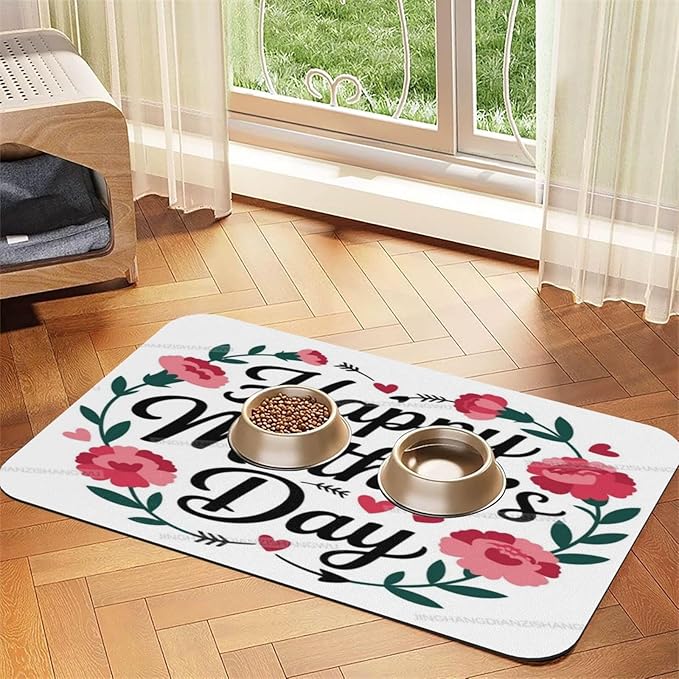 Dog Food Mat Happy Mother's Day Floral Gift for Mom Gk Absorbent Water Bowl Mats Cat Pet Feeding Placemats 24x16In