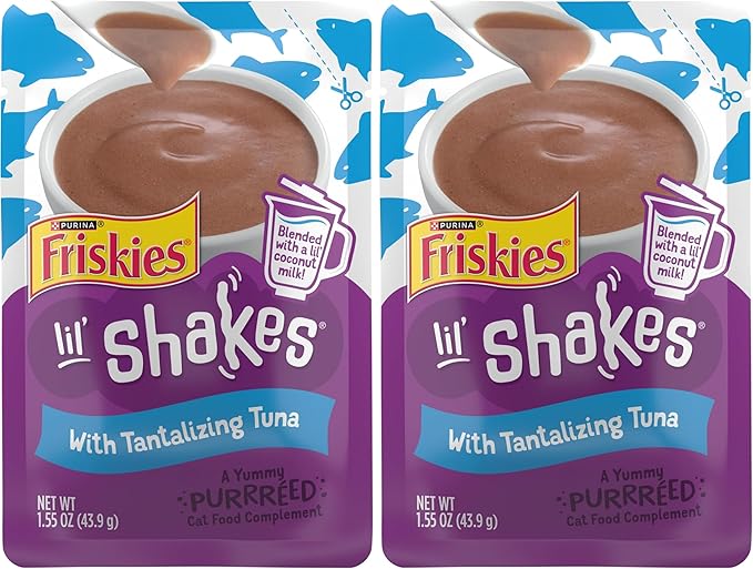Friskies Purina Pureed Cat Food Topper,Lil’ Shakes with Tantalizing Tuna Lickable Cat Treats - 1.55 oz. Pouches,(Pack of 32)