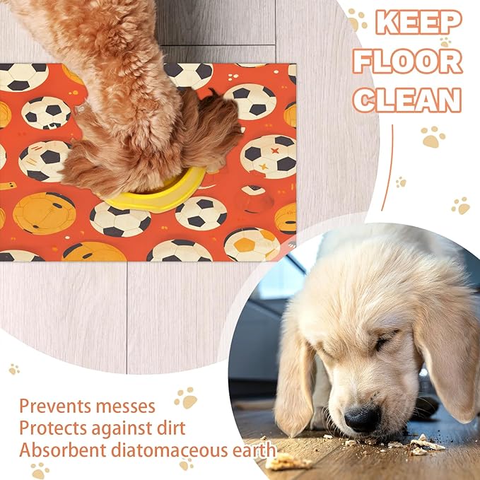 Football Dog Food Mat for Floors Absorbent, Quick Dry Water Dispenser Mat for Food, Water, Pet Supplies 12" x 20", Soccer Ball