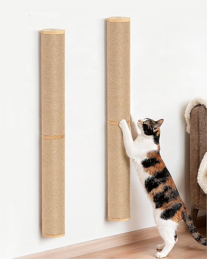 68" Wall Mounted Cat Scratcher, 2-Pcs of 34inch Tall Sisal Scratching Posts, Wall Mounted Cat Pole for Indoor Large Adult Cats Climb Stretch Play, Wooden
