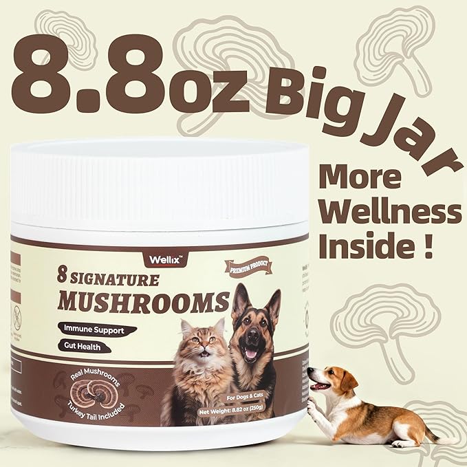 Wellix Mushroom Powder Supplements for Dogs & Cats - Lumps & Bumps Dog Supplement - 8 Types of Mushrooms, Turkey Tail Mushroom for Dogs for Immune, Digestive, Kidney Support - Dog Food Toppers
