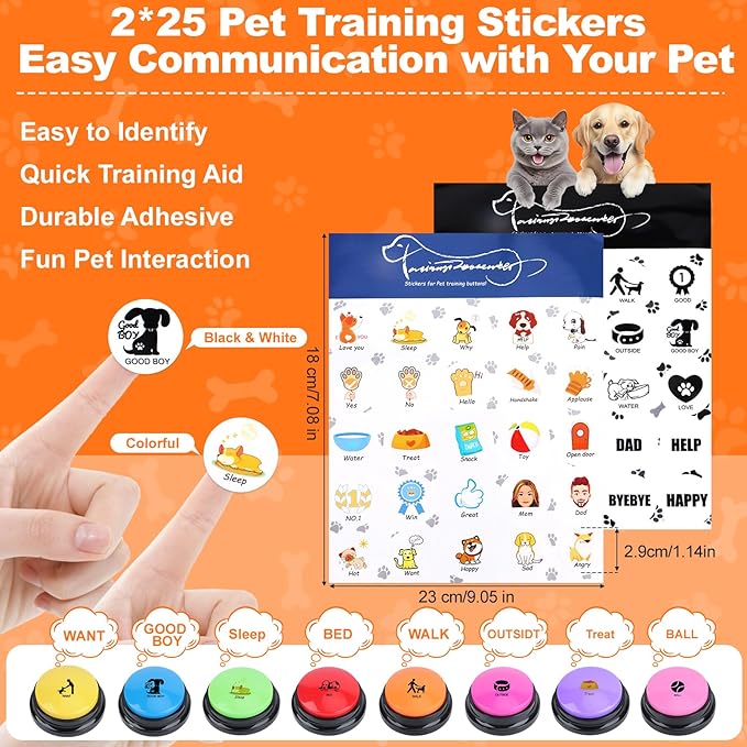 Dog Buttons for Communication, 8 Color Talking Button Set with 30s Recordable Voice, Pet Training Buzzers with 2 Bone-Shaped Mats & 2 Stickers, Talking Buttons for Dogs & Cats (Batteries Not Included)