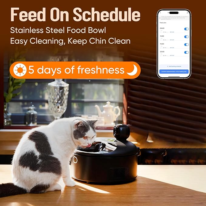 Wet Food Automatic Cat Feeder with Camera, Semiconductor Cooling & Heating with Stainless Steel Bowl, APP Control with Camera & Meal Call, 5 Fresh Meals Pet Food Dispenser (White)