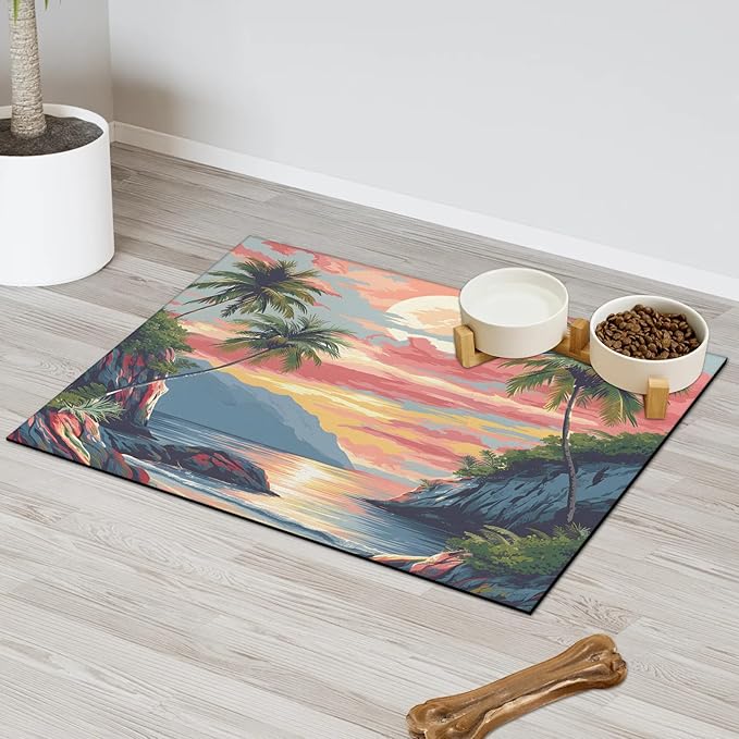 Sea Palm Tree Dog Food Mat for Floors Absorbent, Quick Dry Water Dispenser Mat for Food, Water, Pet Supplies 17" x 30", Beach