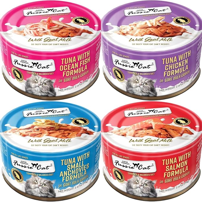 Fussie Cat Super Premium Canned Wet Cat Food in Goat Milk Gravy -2.47 oz Cans - Variety Pack of 12 Cans - 4 Flavors Plus Can lid
