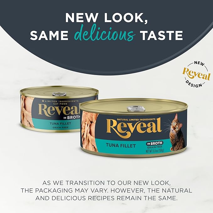 Reveal Natural Wet Canned Cat Food, Limited and Natural Ingredients, Grain Free, High Protein with No Artificial Additives, Tuna Fillet in Broth (12 x 5.5 oz Cans)