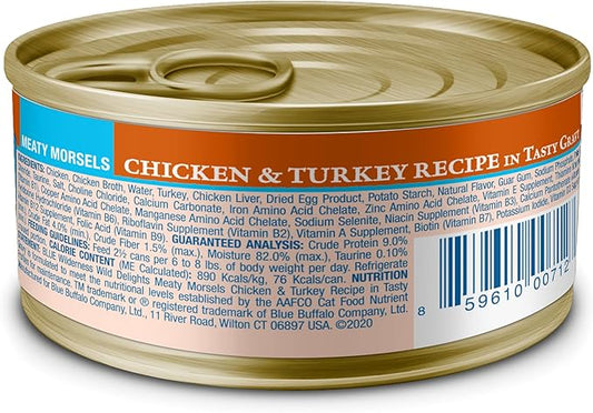 Blue Buffalo Wilderness Wild Delights Meaty Morsels Wet Cat Food,High-Protein & Grain-Free,Made with Natural Ingredients,Chicken & Turkey Recipe in Tasty Gravy,3-oz. Cans,(Pack of 48)
