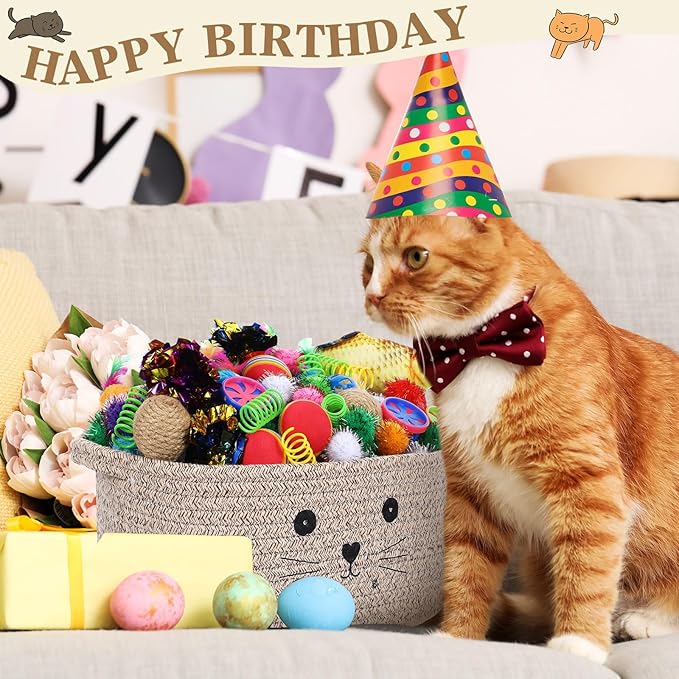 Zopeal 58 Pcs Easter Cat Storage Basket Gift Toys Set, Colorful Flashing Balls Pet Bell Crinkle Balls Spring Toys Attract Cat to Swat, Hunt, Interactive for Pet(Dark Brown,12 Inch)