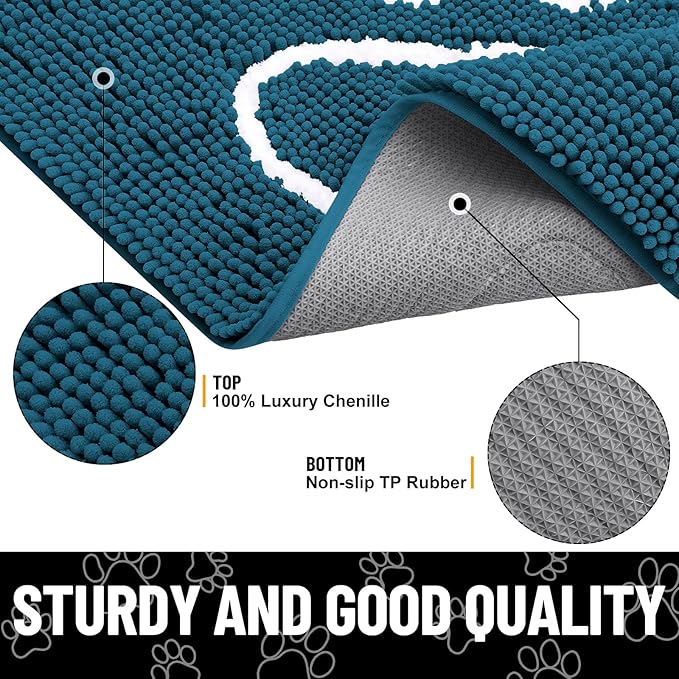 Smiry Dog Door Mat for Muddy Paws, Absorbent Dirt Trapper Non Slip Quick Dry Washable Chenille Mat for Mud Dogs, Entry Rug for Indoor and Outdoor (47x24 Inches, Atlantic Blue and White)