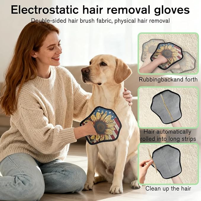 Stars Stripes Sunflower Electrostatic Pet Hair Removal Glove for Cats & Dogs - Reusable Grooming Mitt for Couch, Carpet, Car Seat & Laundry - Large 9x9 Inch