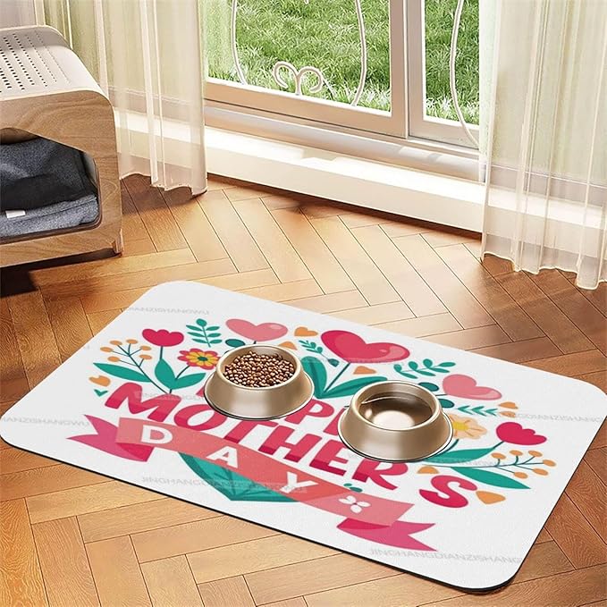 Dog Food Mat Dog Mat for Food and Water 24x16In Happy Mother's Day Floral Gift Mom Z No Stains Cat Pet Feeding Mats Water Bowl for Messy Drinkers