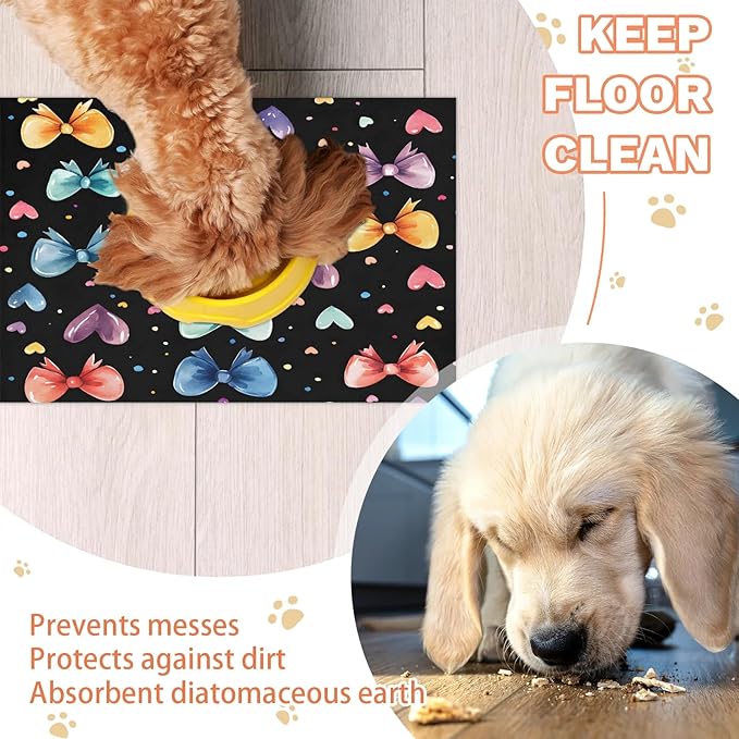 Colorful Bowknot Dog Food Mat for Floors Absorbent, Quick Dry Water Dispenser Mat for Food, Water, Pet Supplies 16" x 24", Love Heart