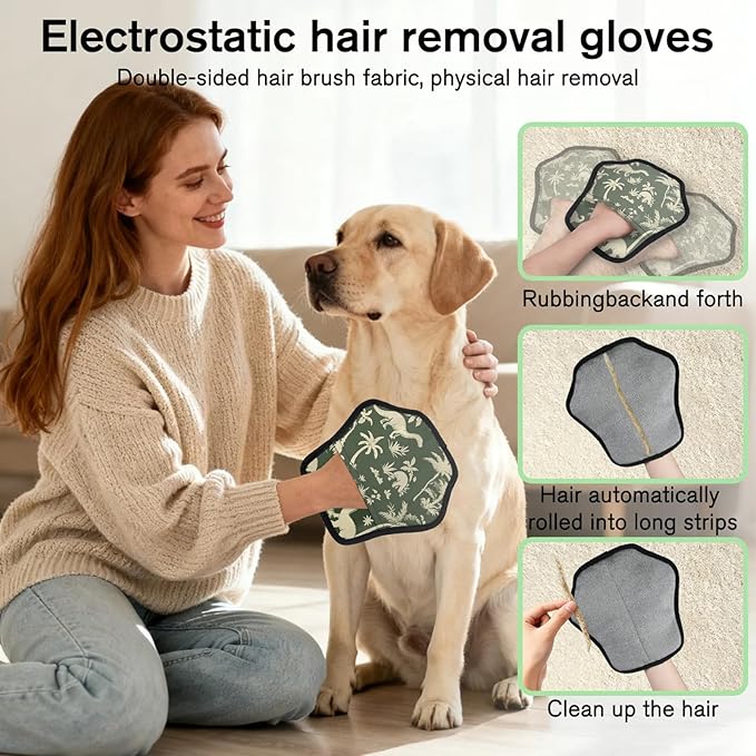 Palm Tree Dinosaur Electrostatic Pet Hair Removal Glove for Cats & Dogs - Reusable Grooming Mitt for Couch, Carpet, Car Seat & Laundry - Large 9x9 Inch
