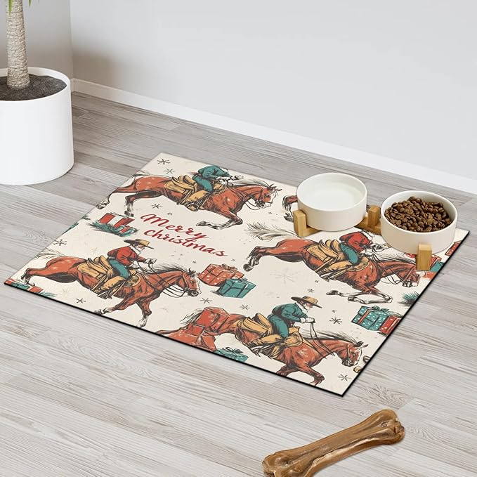 Western Cowboy Dog Food Mat for Floors Absorbent, Quick Dry Water Dispenser Mat for Food, Water, Pet Supplies 17" x 30", Merry Christmas