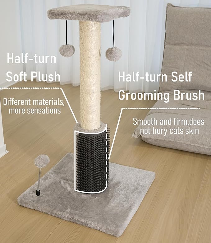 Dimaka 27" Tall Cat Scratching Post, Plush Top Perch and Bottom Soft Brush, Vertical Sisal Rope Scratch Posts with Balls for Indoor Cats and Kitten (Grey)