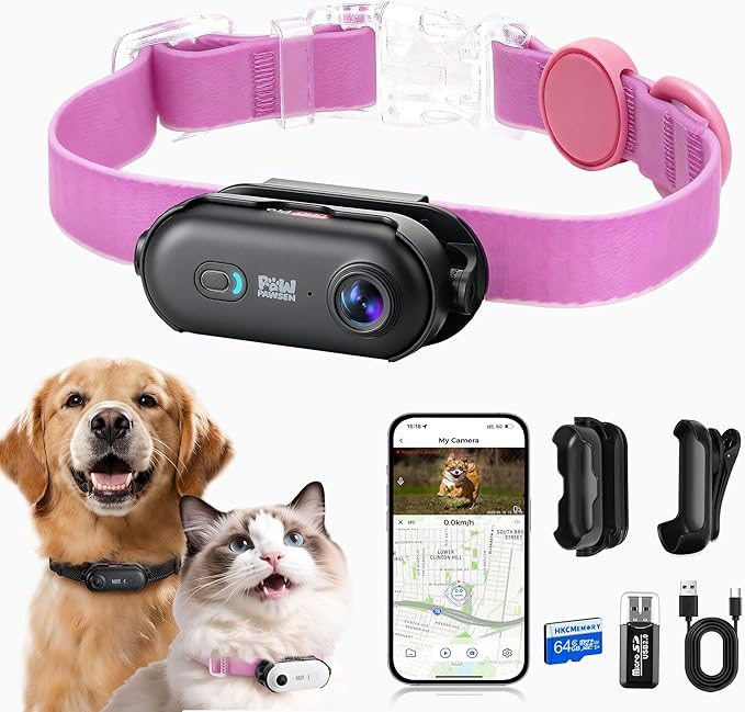 4K UHD Dog& Cat Pet Camera Collar, Video Recorder with Phone App Live View, Outdoor & Indoor POV Action Cam for Small and Medium-Black Cam-Collar Pink M