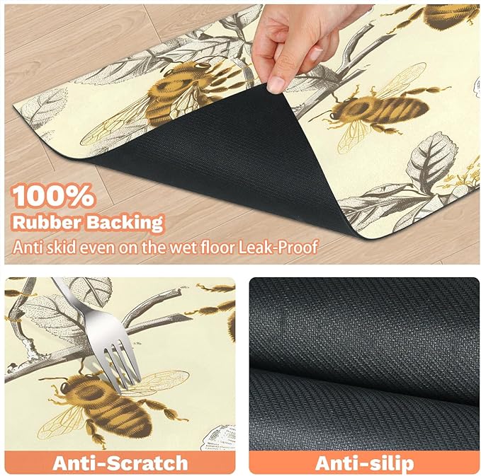 Vintage Bee Dog Food Mat for Floors Absorbent, Quick Dry Water Dispenser Mat for Food, Water, Pet Supplies 17" x 30", Spring Flower