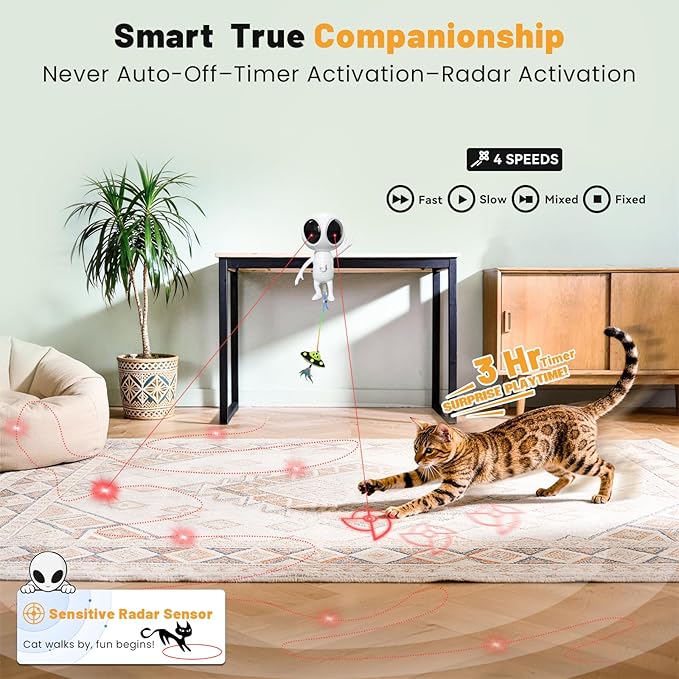 Cat Laser Toy, 2-in-1 Interactive Cat Toys with Dual Laser & Catnip Dangler, Smart Motion-Activated Random Trajectory, 4 Speed Modes, Rechargeable, Quiet & Clamp Design for Bored Indoor Cats