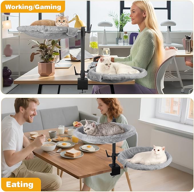 Double Cat Desk Bed - 2 Large Layers Cat beds with 360° Rotating & Adjustable Height, 16.5 inch Kitten Nest for Desktop with 2 Washable Soft Covers, Kitten Hammock Bed Mount for Home Office Grey