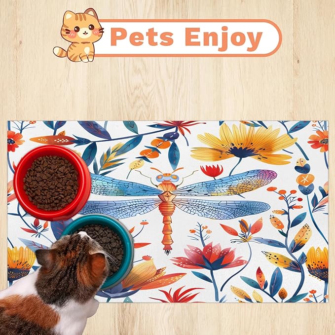 Dragonfly Wildflower Dog Food Mat for Floors Absorbent, Quick Dry Water Dispenser Mat for Food, Water, Pet Supplies 24" x 32", Flower Leaves