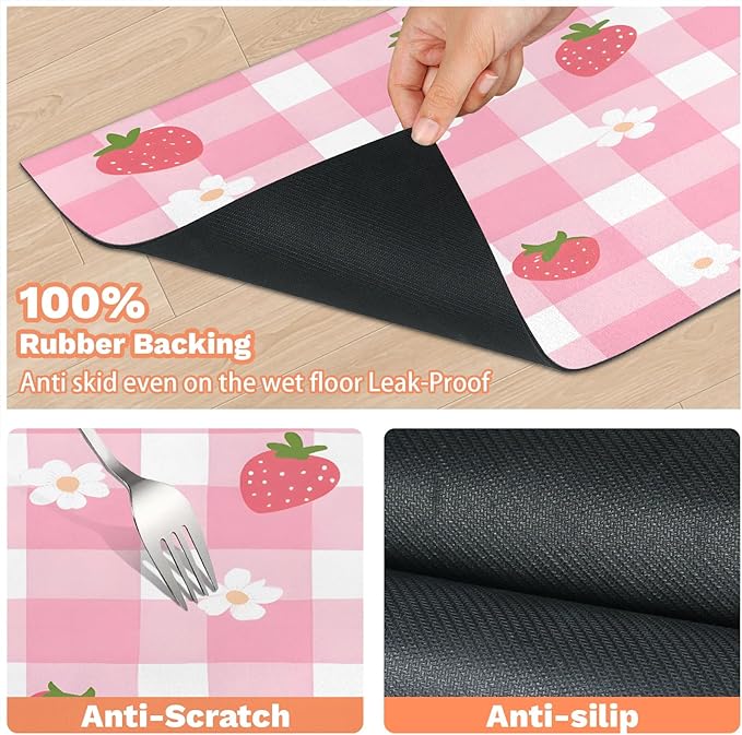Strawberry Floral Dog Food Mat for Floors Absorbent Dog Bowl Mat for Food and Water Dispenser Quick Dry Cat Food Placemat Pet Supplies 17" x 30", Pink Plaid