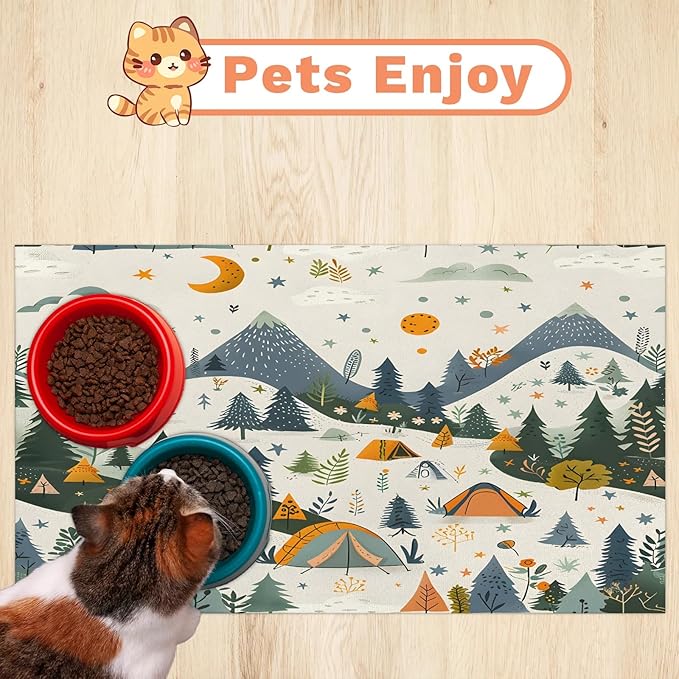 Boho Camping Dog Food Mat for Floors Absorbent, Quick Dry Water Dispenser Mat for Food, Water, Pet Supplies 12" x 20", Mountain Forest