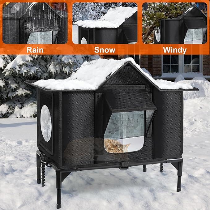 Outdoor Cat House, Weatherproof Insulated Feral Cat Houses for Outdoor Cats, Safe Escape Door, Cat House for Outside, Out Door Stray Cat Shelter with Elevated Base, Cat Houses & Condos(Large)