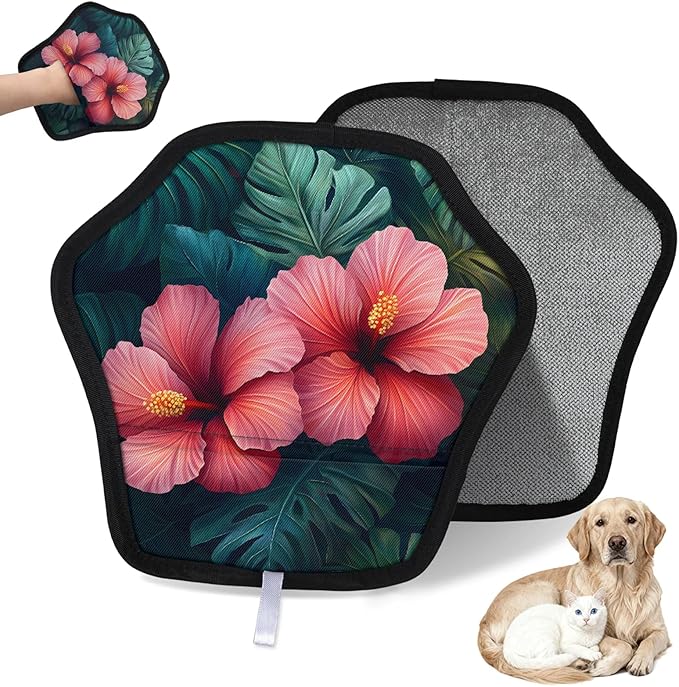 Flowers Leaves Tropical Electrostatic Pet Hair Removal Glove for Cats & Dogs - Reusable Grooming Mitt for Couch, Carpet, Car Seat & Laundry - Large 9x9 Inch