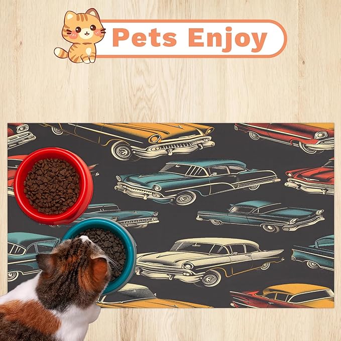 Colorful Racing Car Dog Food Mat for Floors Absorbent, Quick Dry Water Dispenser Mat for Food, Water, Pet Supplies 24" x 32", Vintage Car