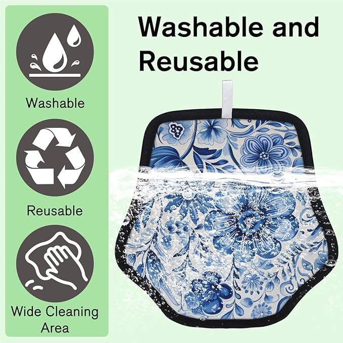 Reusable Pet Hair Removal Glove Blue Flowers Magic Brush for Cat & Dog Hair Remover for Car, Sofa, Bedding, Clothes - 9x9 Mitt Washable