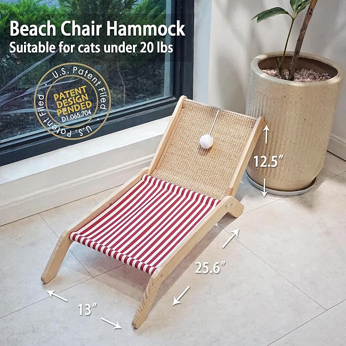 PETKARAY Beach Chair Cat Hammock, Elevated Cat Beds for Indoor Cats, Original Cozy Lounger with Sisal Scratcher and Toy Ball