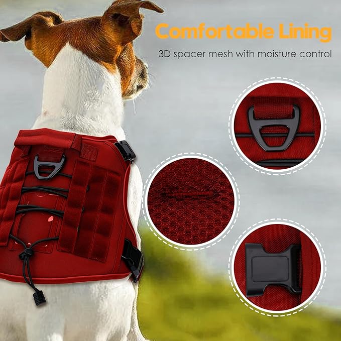 Heavy-Duty Tactical Dog Harness for Large Dogs, No Pull Adjustable Reflective Pet Vest with Molle System, K9 Military-Grade Control for Service Training, Outdoor & 10+ Breeds, Red, Large