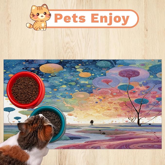 Forest Dog Food Mat for Floors Absorbent, Quick Dry Water Dispenser Mat for Food, Water, Pet Supplies 17" x 30", Colorful Balloon