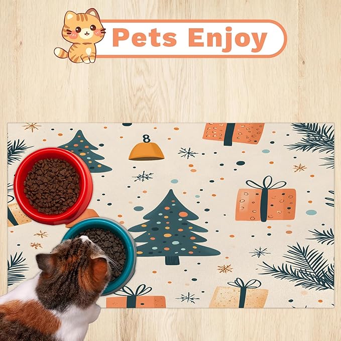 Christmas Tree Dog Food Mat for Floors Absorbent, Quick Dry Water Dispenser Mat for Food, Water, Pet Supplies 12" x 20", Merry Christmas