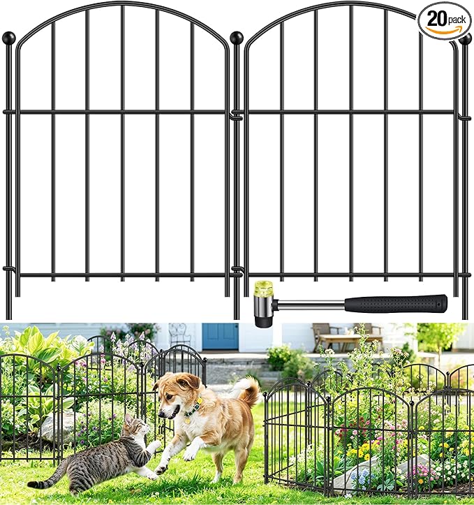 Decorative Garden Fence 17in x 20ft, 20 Pack Rustproof Metal Animal Barrier Fence, Arched Flower Bed Edge Decorative Rabbit and Dog Ground Defense No-Dig Fence for Patio Patio Outdoor