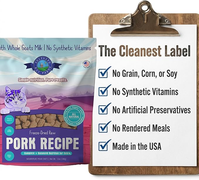 Shepherd Boy Farms Freeze-Dried Pork Cat Food – High-Protein, Grain-Free, Made with Organic Ingredients & Goat’s Milk (12oz)