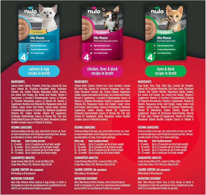 Nulo Silky Mousse Kitten Variety Pack with Salmon, Chicken & Tuna for Kittens, 1.75 oz, Case of 12