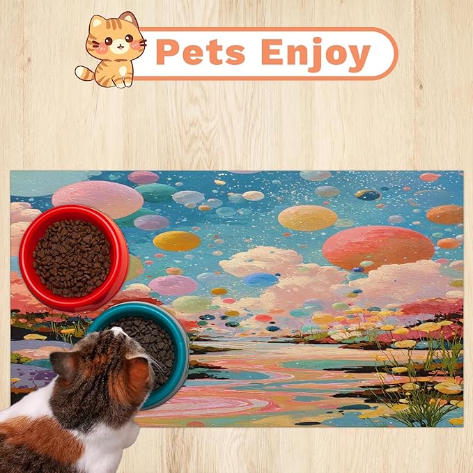Forest Dog Food Mat for Floors Absorbent, Quick Dry Water Dispenser Mat for Food, Water, Pet Supplies 24" x 32", Watercolor Balloon