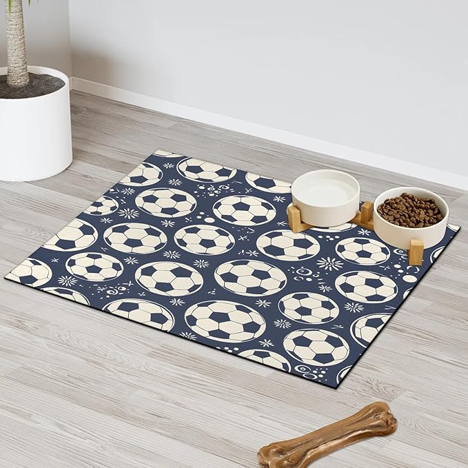 Football Dog Food Mat for Floors Absorbent, Quick Dry Water Dispenser Mat for Food, Water, Pet Supplies 12" x 20", Soccer