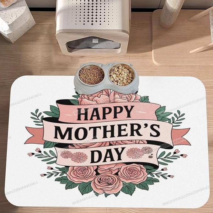 Pet Feeding Mat Happy Mother's Day Floral Gift Mom M Absorbent Pet Placemat for Food Water Bowl with Waterproof Rubber Backing 18X12In Quick Dry Water Dispenser Mat for Dog Cat
