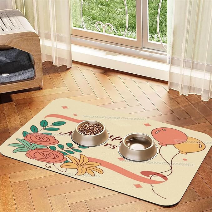Dog Food Mat Happy Mother's Day Floral Gift for Mom Fe Absorbent Water Bowl Mats Cat Pet Feeding Placemats 18X12In