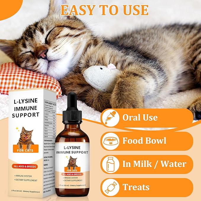 L-Lysine Supplement for Cats – Immune & Respiratory Support – 60ml Cat Lysine Drops with Roast Chicken Flavor – Supports Eye & Nose Health