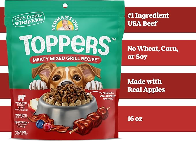 Newman's Own Toppers - Meal Topper for Dry Dog Food - Wet Topper for Picky Dogs - Beef as The First Ingredient - Made in The USA - Meaty Mixed Grill Recipe - 16 oz Resealable Pouch