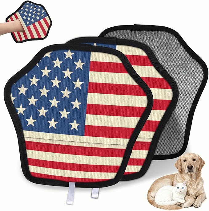 Retro Stars Stripes Electrostatic Pet Hair Removal Glove for Cats & Dogs - Reusable Grooming Mitt for Couch, Carpet, Car Seat & Laundry - Large 9x9 Inch