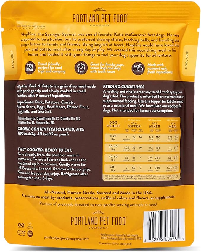 CRAFTED BY HUMANS LOVED BY DOGS Portland Pet Food Company Grandma Ada’s Turkey & Yams Wet Dog Food Pouches 5pk and Hopkin's Pork N’ Potato Wet Dog Food Pouches 5 pk Bundle