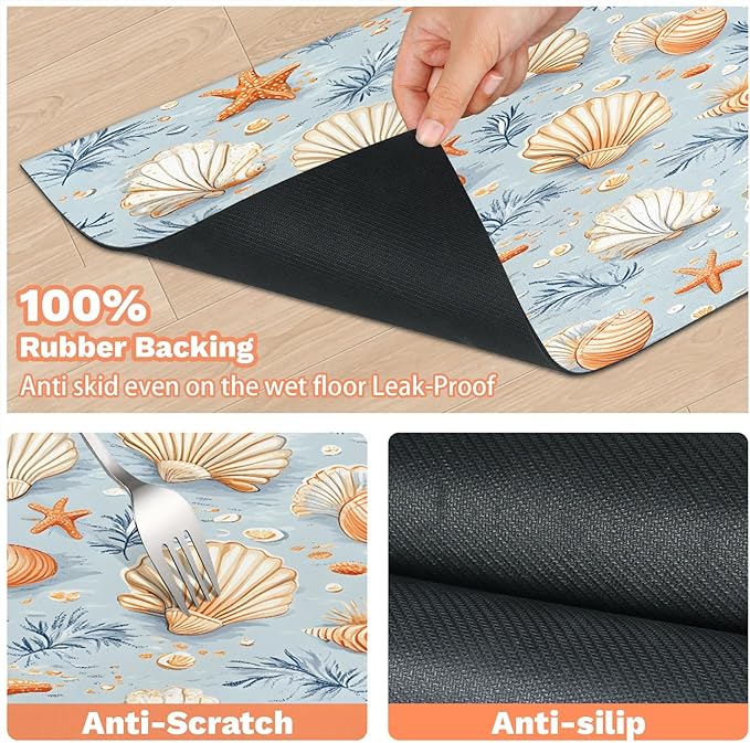 Seashell Starfish Dog Food Mat for Floors Absorbent Dog Bowl Mat for Food and Water Dispenser Quick Dry Cat Food Placemat Pet Supplies 24" x 32", Beach Coastal