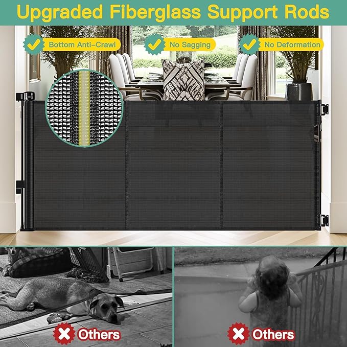 Reinforced 60" Wide Retractable Baby Gates with Upgraded Rods - Bottom Anti-Escape, 5 ft Mesh Baby Gate Retractable Dog Gate Indoor Pet Gate Retractable Stair Gate Outdoor Retractable Gate, Black
