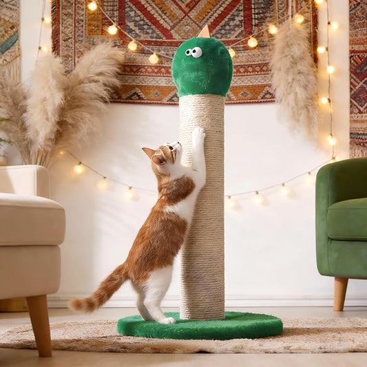 Cat Scratching Post for Small Space, 22'' Scratching Posts for Indoor Cats Adults, Extra Wide 13.4" Stable Base & Natural Sisal, Cute Cat Scratching Post with Short Plush Fabric for Large Cats, Green