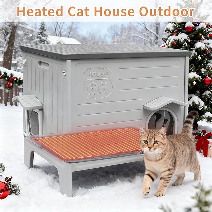 Rockever Heated Cat House for Outside in Winter, 100% Waterproof & Insulated Heated Cat House for Outdoor Cats with Heating Pad, Elevated Outdoor Cat House Safe Escape Door(M,Grey&Heating Pad)